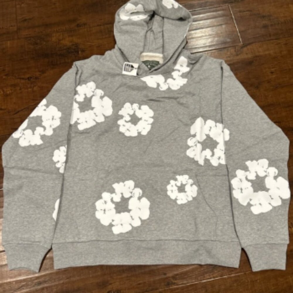 Denim tears Gray Hoodie with White Floral Design